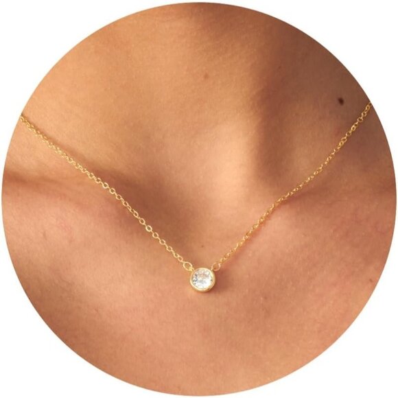Women's Dainty Gold Necklace-14k Gold Plated Solitaire Cubic Zirconia Necklaces - Picture 1 of 7